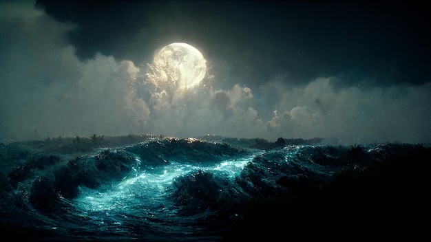 La luna llena ilumina el dramático mar tormentoso Impresionante ilustración de arte