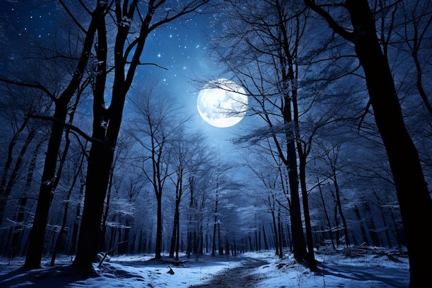 La luna llena iluminando un bosque cubierto de nieve
