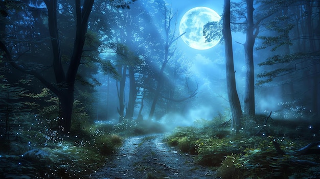 La luna llena se levanta sobre un bosque misterioso el camino que conduce al bosque es oscuro e incierto