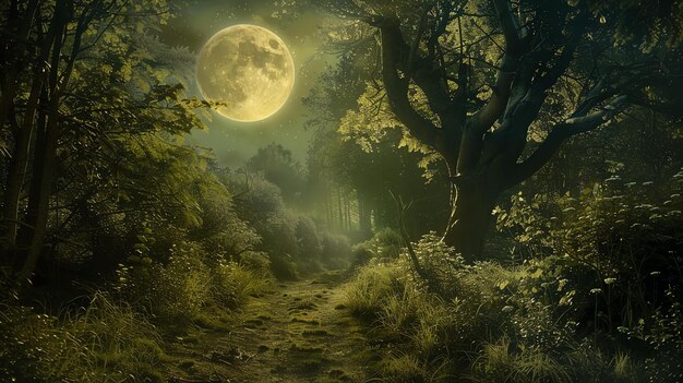 La luna llena se levanta sobre un camino solitario en el bosque