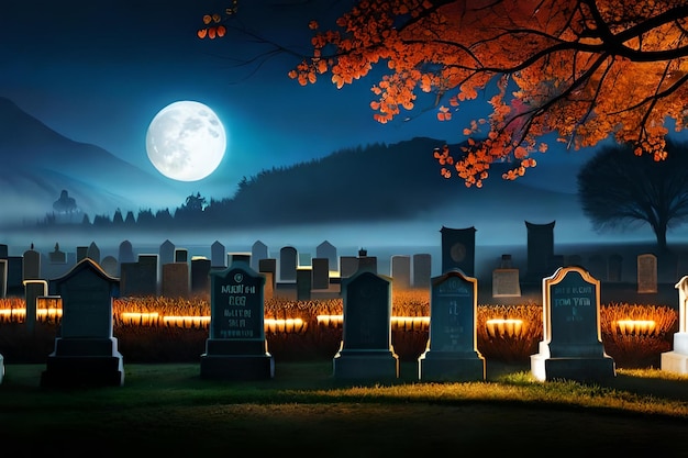 Una luna llena se levanta sobre un cementerio por la noche.