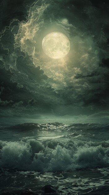 Foto la luna llena se levanta sobre un mar tormentoso