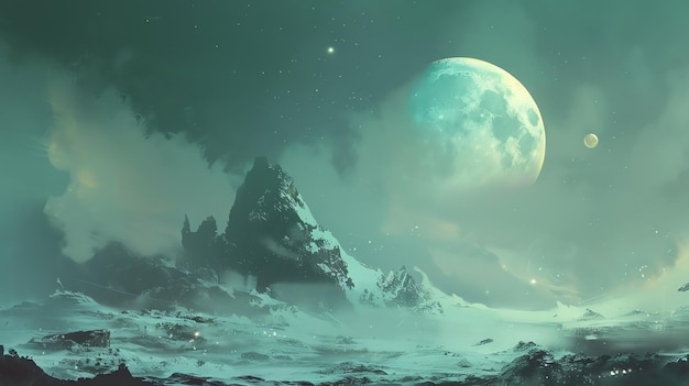 La luna llena se levanta sobre un pico de montaña cubierto de nieve el cielo está despejado y las estrellas son brillantes la nieve es prístina e intacta