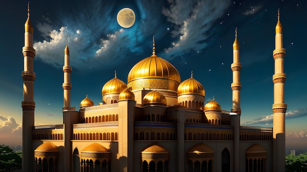 Una luna llena y una mezquita.
