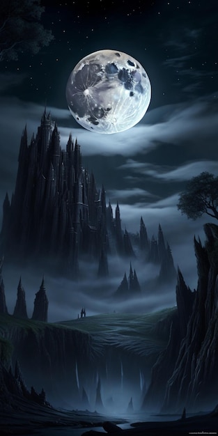 Luna llena en el paisaje de fantasía oscuro