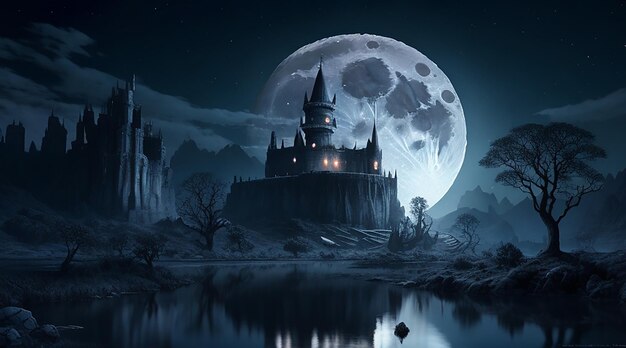 Luna llena en el paisaje de fantasía oscuro