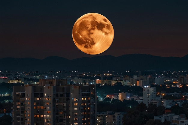 La luna llena se pone detrás de un paisaje urbano