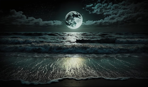 Luna Llena que refleja el agua sobre el cielo negro oscuro en la noche