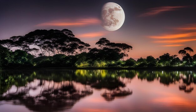 una luna llena se refleja en el agua y los árboles se reflejan en el agua