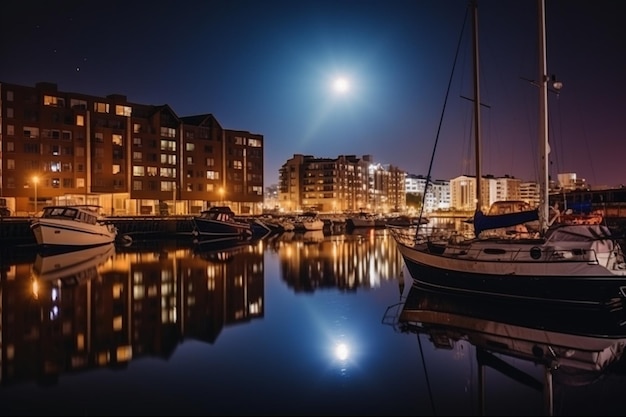 La luna llena se refleja en el agua de un puerto deportivo.