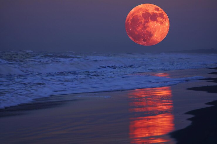 una luna llena se refleja en el agua