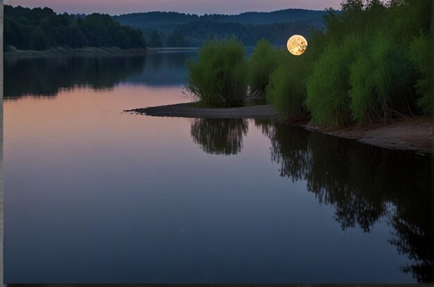 La luna llena se refleja en un río tranquilo