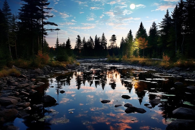 La luna llena se refleja en un río tranquilo.