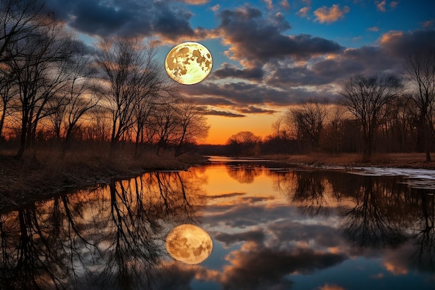 Foto la luna llena se refleja en un río tranquilo