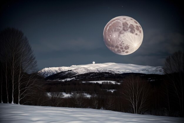 Una luna llena saliendo sobre una cadena montañosa nevada