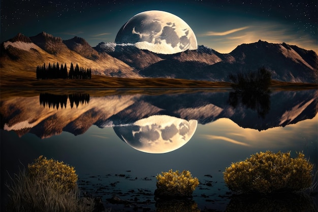 Foto luna llena sobre un lago