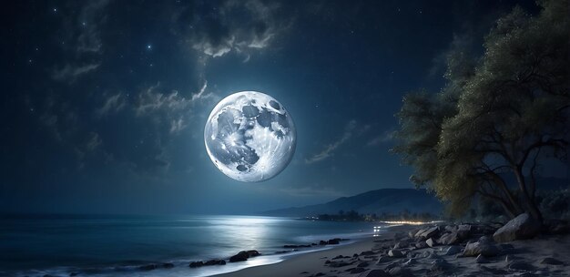 Luna llena sobre el mar por la noche Paisaje marítimo con una luna llena captura la soledad