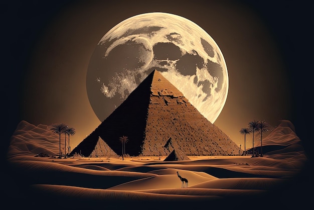 Una luna llena sobre las pirámides en el desierto egipcio por la noche