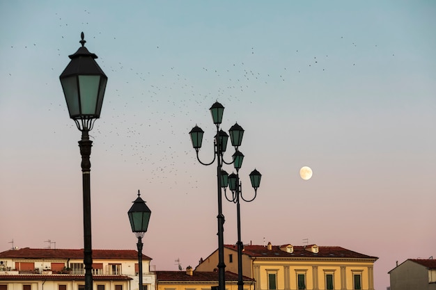 Luna llena, techos de edificios, linternas y una bandada de mirlos al atardecer en Pisa.