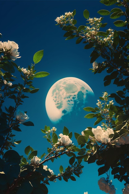 La luna llena se ve a través de las ramas de un árbol generativo ai