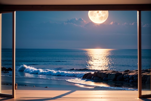 La luna llena se ve a través de una ventana de una habitación con vista al océano.