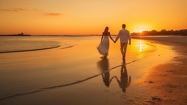 Luna de miel de los recién casados de la novia y del novio en la puesta del sol de la playa
