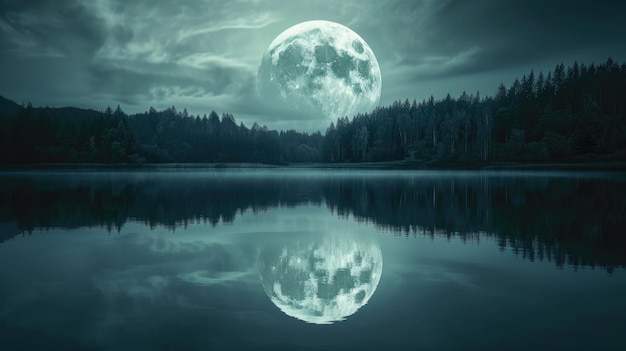 Luna mística sobre el bosque y el lago