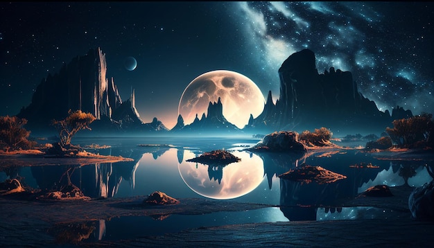 Una luna y montañas se reflejan en el agua.