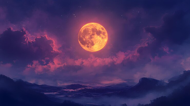 Luna naranja sobre las montañas púrpuras de niebla