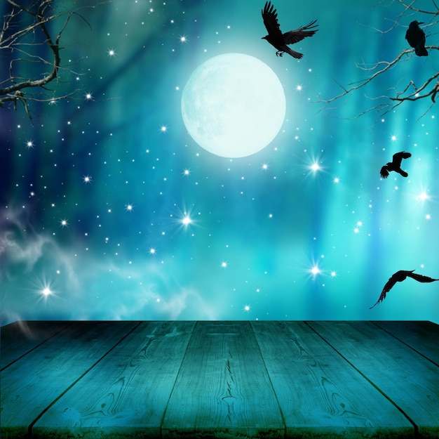Foto la luna de la noche del horror de halloween tabla de madera pantalla de productos fondo