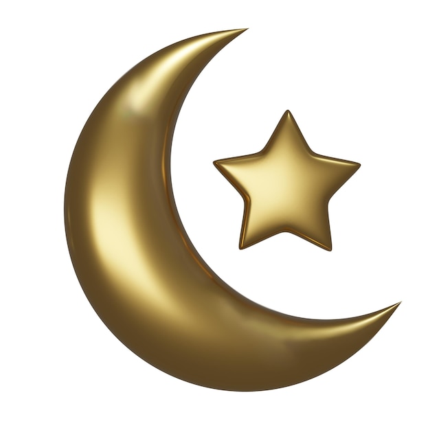 Luna de oro aislada y estrella para la decoración, invitación o afiche para la representación 3d de las vacaciones de Ramadán Kareem