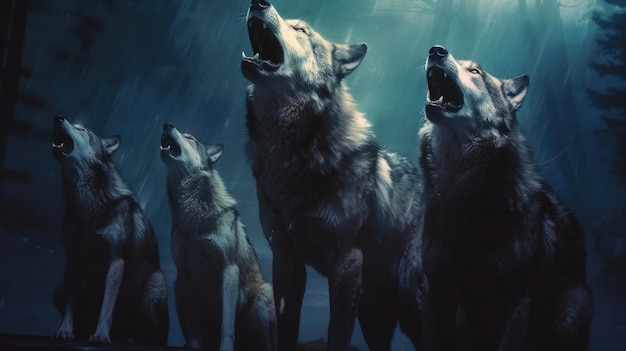 Bajo la luna pálida, los espeluznantes aullidos de una manada de lobos resuenan a través de la noche, sus lúgubres gritos se los lleva el viento. Generado por IA