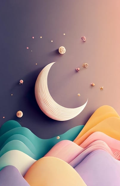 Una luna de papel y estrellas con un fondo colorido.