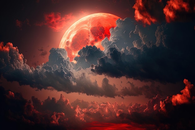 Luna y puesta de sol en rojo Impresionantes nubes esponjosas negras y rayos de sol