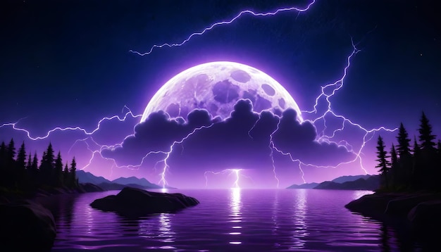 una luna púrpura está brillando en el cielo con una luna pórpura en el fondo