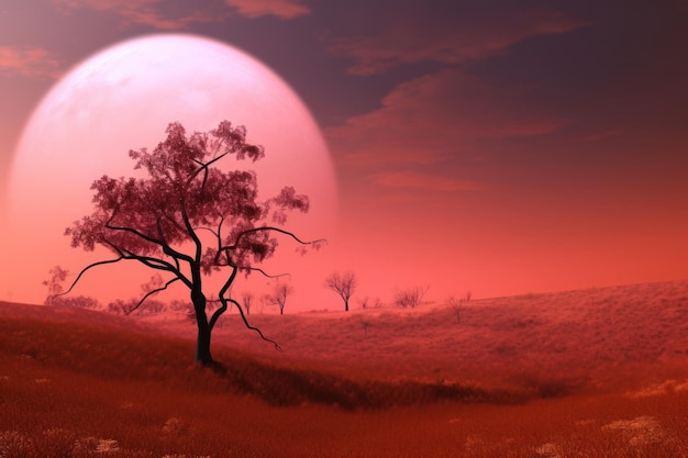 Una luna roja y un árbol en un campo.