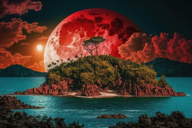 Una luna roja está detrás de una isla con una luna roja en el fondo.