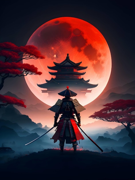 Una luna roja está detrás de un samurai.