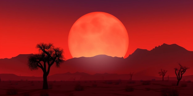 Una luna roja está en el fondo de un desierto con montañas y un sol rojo.