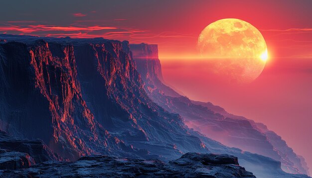 una luna roja se levanta sobre una montaña con una puesta de sol roja en el fondo