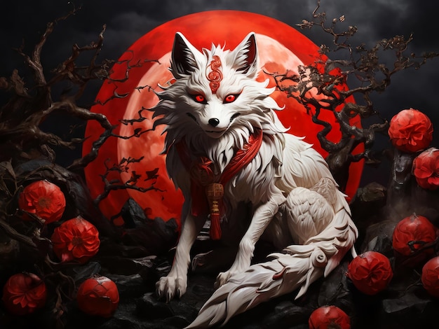 Foto la luna roja menguante del zorro de nueve colas envuelta en la mística de una máscara kitsune