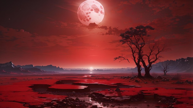 Luna roja en un paisaje desolado