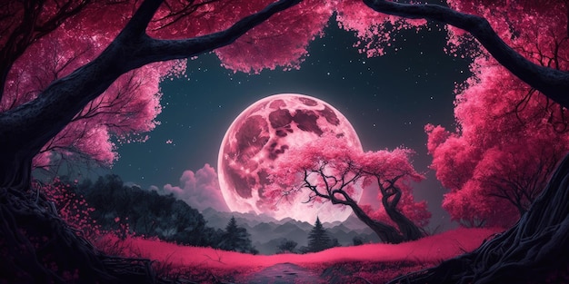 Una luna rosa está detrás de un árbol rosa.