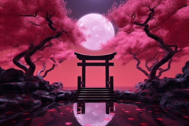 Una luna rosa sobre un paisaje japonés