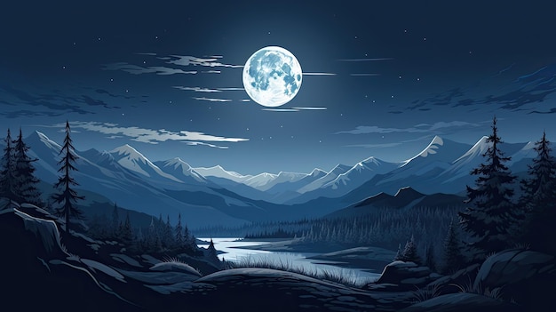 La luna sale sobre las montañas rocosas con una hermosa iluminación.