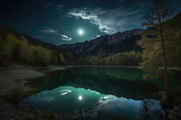 La luna serena ilumina las montañas el lago y los árboles en una noche estrellada generativa IA