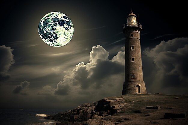 Foto la luna sobre el faro del guardacostas