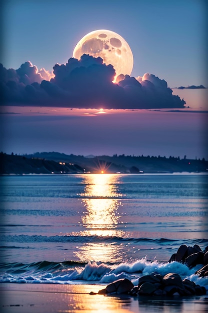 Luna sobre el océano con nubes y el sol brillando