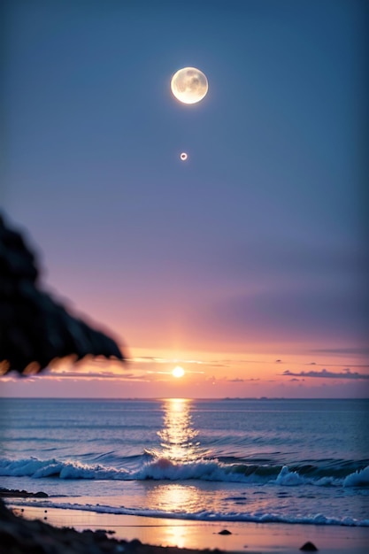 Una luna y el sol sobre el océano.