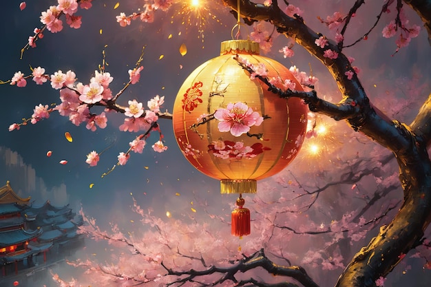 Lunar New Year-Hintergrundbild einer Laterne, die in abstraktem Design auf einem Pfirsichzweig hängt